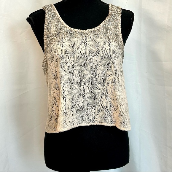 Astr Tops - Astr the label blush pink silver beaded lace crop tank Sz M